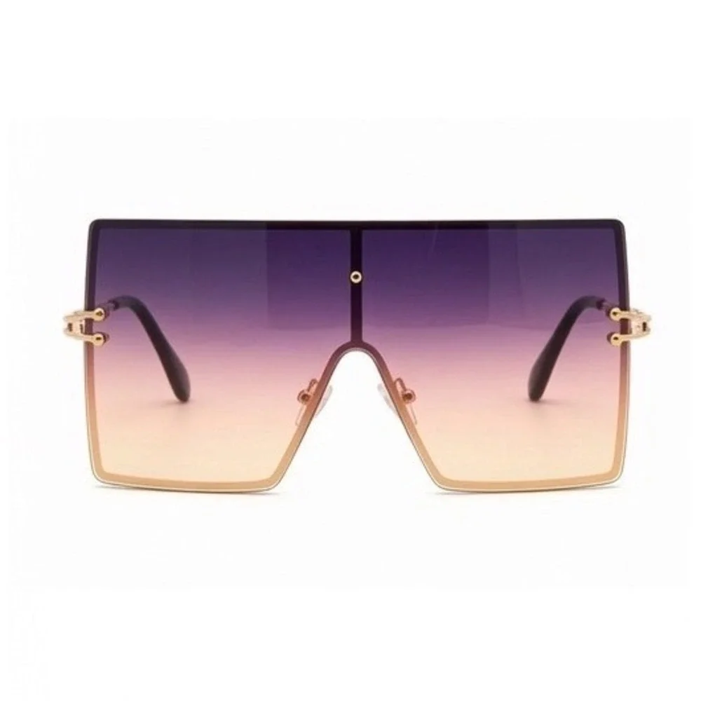 Women Elegant Violet Tinted Geometric Shield Eyewear Boasting Sleek Golden Frame